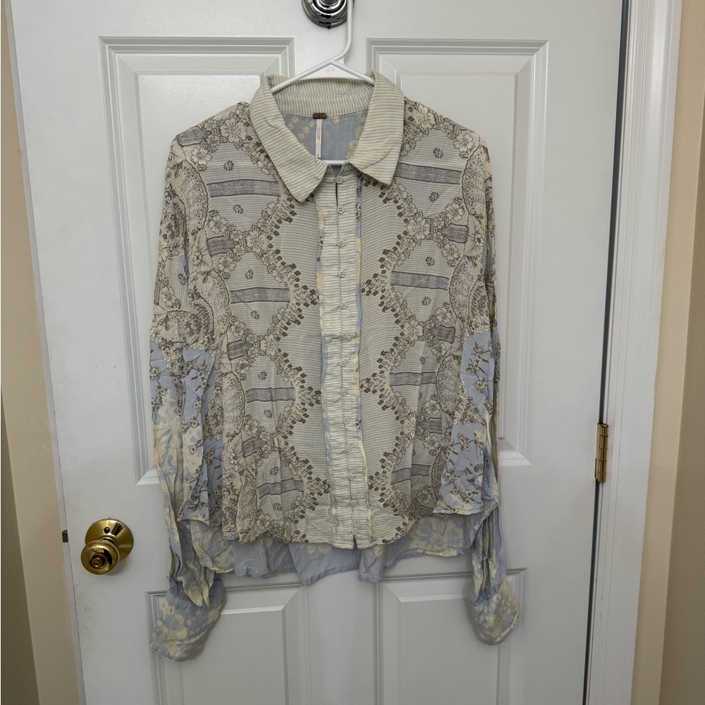 Free People Beige and Blue Patterned Blouse